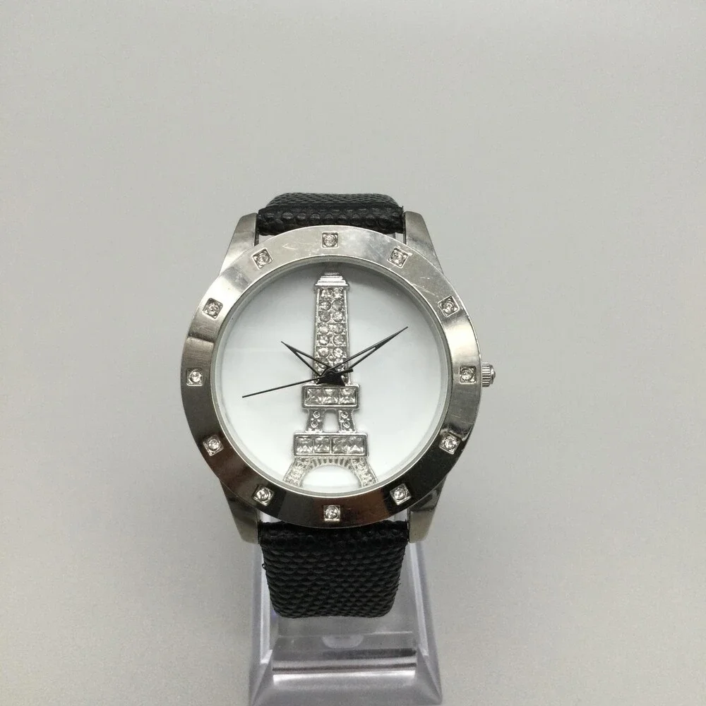 Chico's Womens Watch 40mm Eiffel Tower Dial Black Strap Crystals New Battery